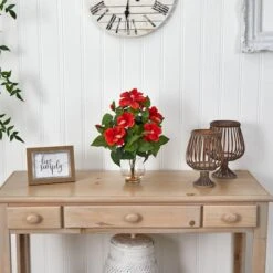 17" Red Hibiscus Silk Flower Arrangement In Fluted Vase -Michaels D251399S 12