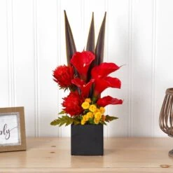 22.5" Red & Orange Tropical Floral & Calla Lily Mixed Arrangement In Vase -Michaels D251401S 13