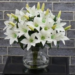 16" White Lily Silk Arrangement With Glass Vase -Michaels D251407S 14