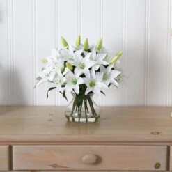 13.5" White Lily Arrangement With Glass Vase -Michaels D251408S 13