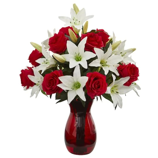 21" Red Roses & White Lilies Arrangement In Red Vase 4 21" Red Roses & White Lilies Arrangement In Red Vase - Image 2