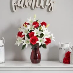 21" Red Roses & White Lilies Arrangement In Red Vase 9 21" Red Roses & White Lilies Arrangement In Red Vase -Michaels D251433S 13