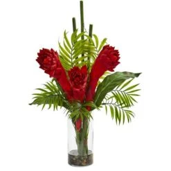 21" Red Ginger Torch Artificial Arrangement In Cylinder Vase -Michaels D251442S 1 1