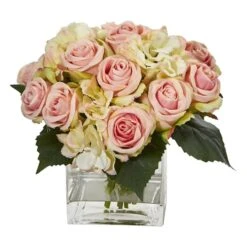 9" Pink Rose & Hydrangea Bouquet Arrangement In Vase