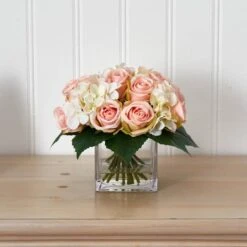9" Pink Rose & Hydrangea Bouquet Arrangement In Vase -Michaels D251451S 13