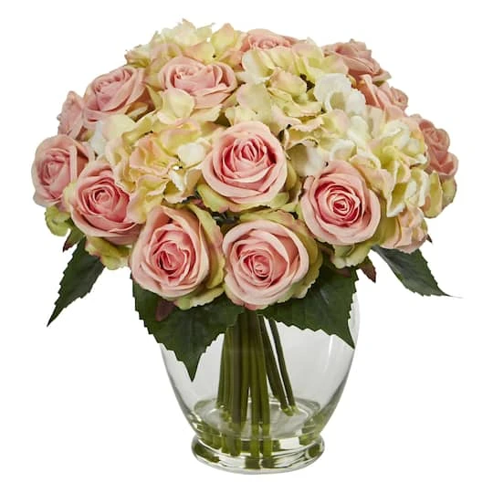 12" Pink & White Rose & Hydrangea Bouquet Arrangement In Glass Vase 3 12" Pink & White Rose & Hydrangea Bouquet Arrangement In Glass Vase