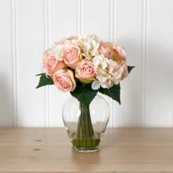 12" Pink & White Rose & Hydrangea Bouquet Arrangement In Glass Vase 8 12" Pink & White Rose & Hydrangea Bouquet Arrangement In Glass Vase -Michaels D251453S 12