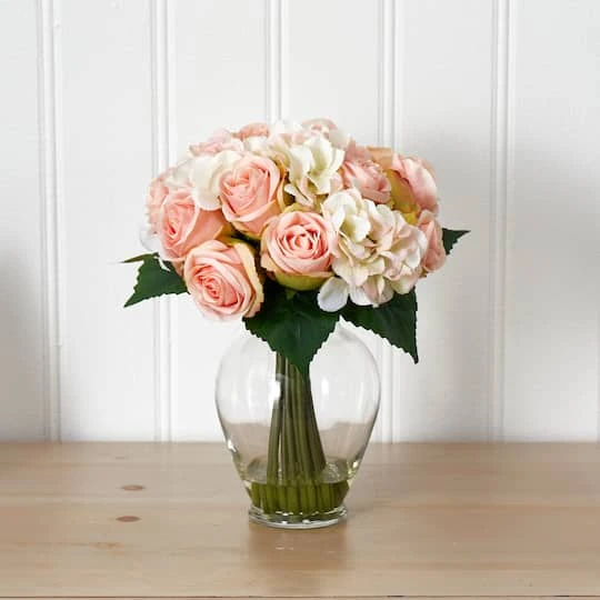 12" Pink & White Rose & Hydrangea Bouquet Arrangement In Glass Vase 5 12" Pink & White Rose & Hydrangea Bouquet Arrangement In Glass Vase - Image 3