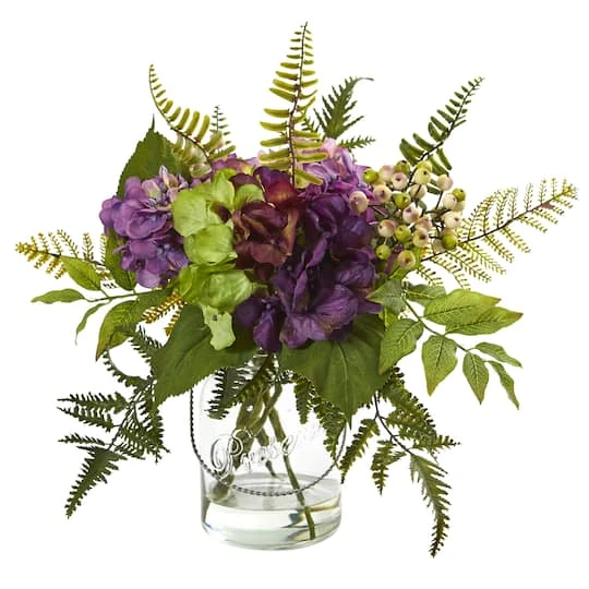 14” Hydrangea & Berry Arrangement In Glass Vase 3 14” Hydrangea & Berry Arrangement In Glass Vase