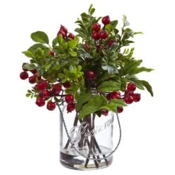 11" Berry Boxwood Arrangement In Glass Jar