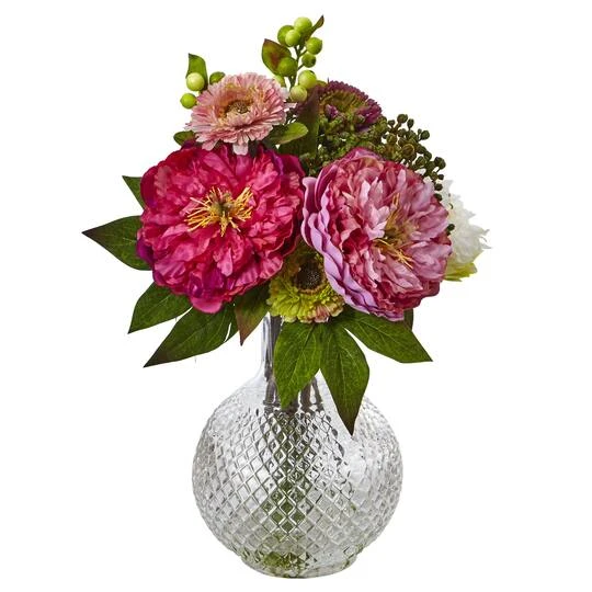 14" Pink Peony & Mum Arrangement In Glass Vase 3 14" Pink Peony & Mum Arrangement In Glass Vase