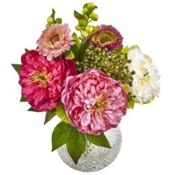 14" Pink Peony & Mum Arrangement In Glass Vase 7 14" Pink Peony & Mum Arrangement In Glass Vase -Michaels D251473S 2