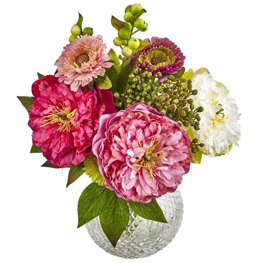 14" Pink Peony & Mum Arrangement In Glass Vase 5 14" Pink Peony & Mum Arrangement In Glass Vase - Image 3