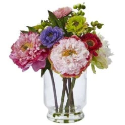 10.5" Peony & Mum Arrangement In Glass Vase