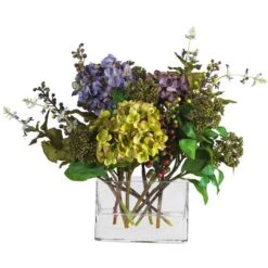 12" Mixed Hydrangea Arrangement In Rectangle Vase