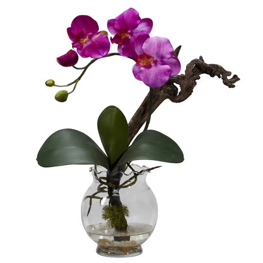 15" Purple Mini Phalaenopsis Silk Flower Arrangement In Fluted Vase 4 15" Purple Mini Phalaenopsis Silk Flower Arrangement In Fluted Vase - Image 2