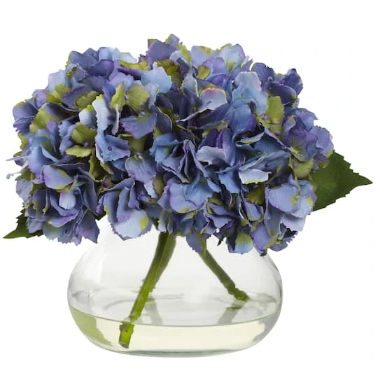 8.5" Blue Blooming Hydrangea In Glass Vase 3 8.5" Blue Blooming Hydrangea In Glass Vase