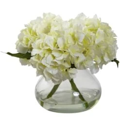 8.5" Cream Blooming Hydrangea In Glass Vase