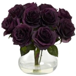 11" Purple Rose Arrangement With Clear Glass Vase