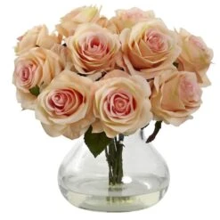 11" Peach Rose Arrangement With Clear Glass Vase