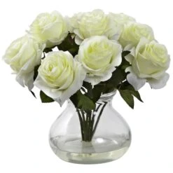 11" White Rose Arrangement With Clear Glass Vase