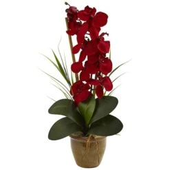 21" Red Orchid Silk Arrangement In Ceramic Vase
