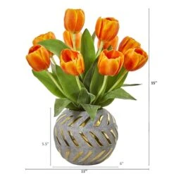 15" Orange Tulip Arrangement In Decorative Ceramic Vase -Michaels D251600S 2