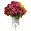 18.5" Yellow, Red & Pink UV Resistant Geranium Arrangement With White Metal Planter -Michaels D251833S 11