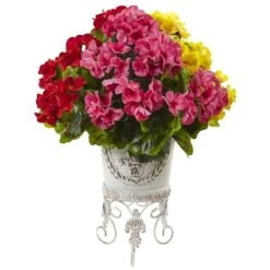 18.5" Yellow, Red & Pink UV Resistant Geranium Arrangement With White Metal Planter