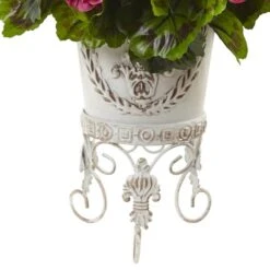 18.5" Yellow, Red & Pink UV Resistant Geranium Arrangement With White Metal Planter -Michaels D251833S 13