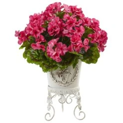 18.5" Pink UV Resistant Geranium Arrangement With White Metal Planter