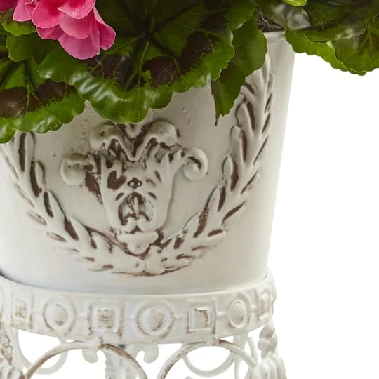 18.5" Pink UV Resistant Geranium Arrangement With White Metal Planter 6 18.5" Pink UV Resistant Geranium Arrangement With White Metal Planter - Image 4