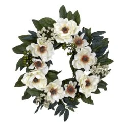 22" White Magnolia Wreath