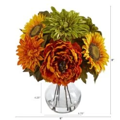 12" Peony, Dahlia & Sunflower Arrangement In Glass Vase -Michaels D262045S 2