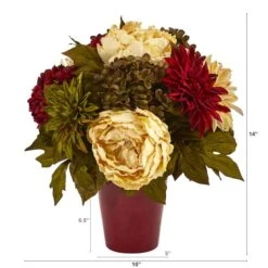 14" Peony, Hydrangea & Dahlia Arrangement In Burgundy Vase -Michaels D262048S 2