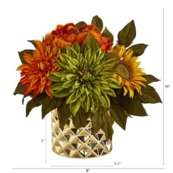 11" Peony, Dahlia & Sunflower Arrangement In Gold Vase -Michaels D262050S 2