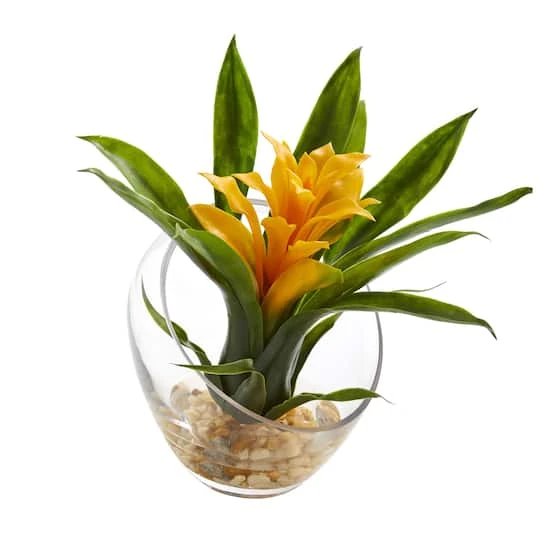 8" Yellow Tropical Bromeliad Arrangement In Angled Vase 3 8" Yellow Tropical Bromeliad Arrangement In Angled Vase