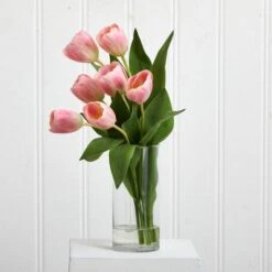 16" Pink Tulip Arrangement In Cylinder Vase 10 16" Pink Tulip Arrangement In Cylinder Vase -Michaels D262087S 13