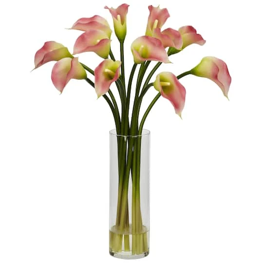 20" Pink Mini Calla Lily In Glass Cylinder Vase 3 20" Pink Mini Calla Lily In Glass Cylinder Vase
