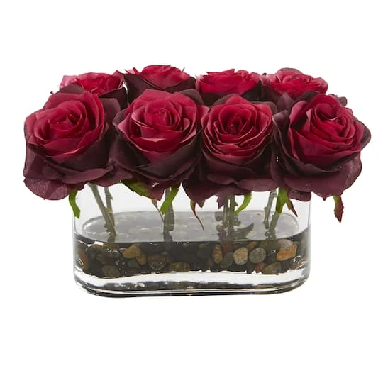 5.5" Burgundy Blooming Roses Arrangement In Glass Vase 4 5.5" Burgundy Blooming Roses Arrangement In Glass Vase - Image 2