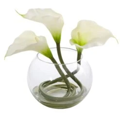 9" Calla Lily Arrangement In Rounded Glass Vase