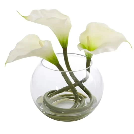 9" Calla Lily Arrangement In Rounded Glass Vase 3 9" Calla Lily Arrangement In Rounded Glass Vase