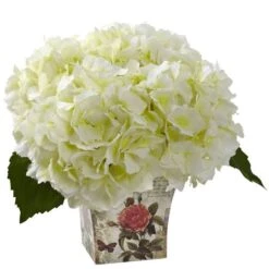 9'' White Hydrangea Arrangement In Floral Planter