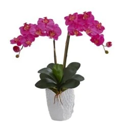 23'' Pink Double Moth Orchid In White Ceramic Vase