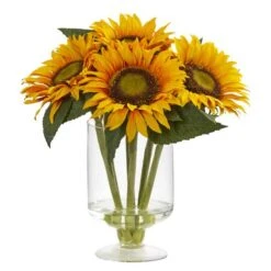 12'' Yellow Sunflower Arrangement In Glass Vase