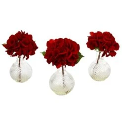 12" Red Hydrangea Arrangement With Glass Vase, 3ct.