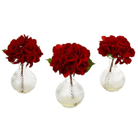 12" Red Hydrangea Arrangement With Glass Vase, 3ct. 3 12" Red Hydrangea Arrangement With Glass Vase, 3ct.