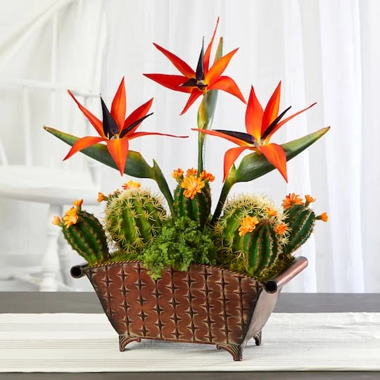 21" Bird Of Paradise & Cactus Plant In Metal Planter 6 21" Bird Of Paradise & Cactus Plant In Metal Planter - Image 4