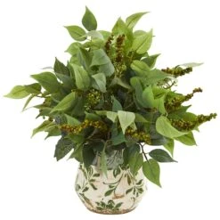 13" Mixed Ficus, Fittonia & Berry In Floral Vase