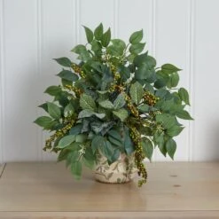 13" Mixed Ficus, Fittonia & Berry In Floral Vase -Michaels D262483S 13